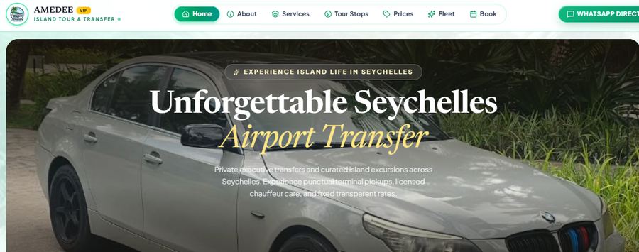 Screenshot of the Amédée airport transfer and island tour booking website homepage