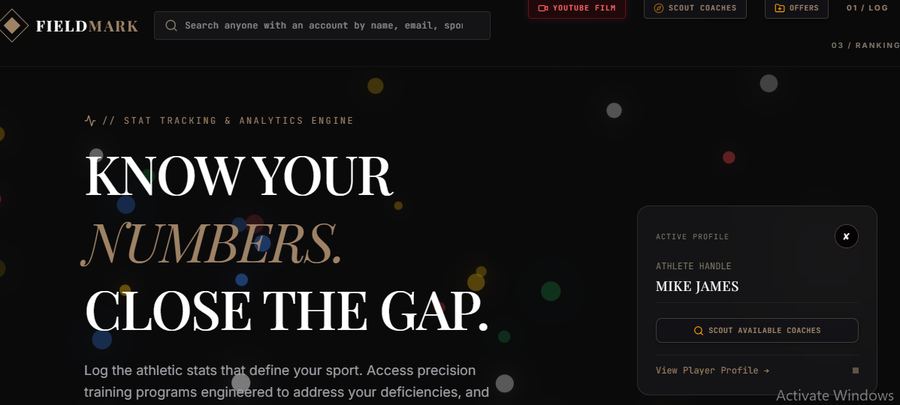 Screenshot of the FieldMark athlete analytics platform homepage, showing player profiles and performance stats