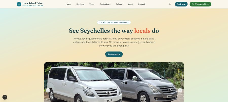 Screenshot of the Local Island Drive homepage, showing a hero banner and the tour fleet